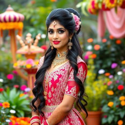A beautiful Indian bride in a stunning traditional wedding outfit adorned with intricate embroidery and sparkling jewelry, exuding elegance and charm