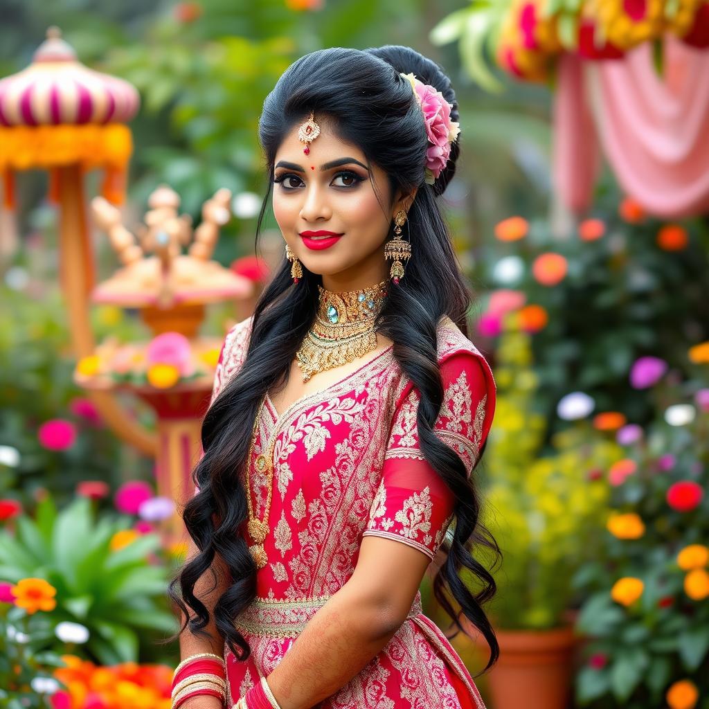 A beautiful Indian bride in a stunning traditional wedding outfit adorned with intricate embroidery and sparkling jewelry, exuding elegance and charm