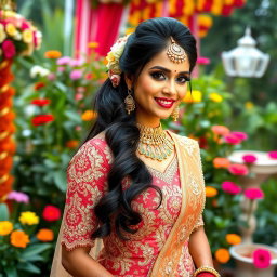 A beautiful Indian bride in a stunning traditional wedding outfit adorned with intricate embroidery and sparkling jewelry, exuding elegance and charm