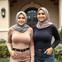 Two beautiful women in their mid-thirties wearing hijabs, featuring large and attractive breasts, size 36