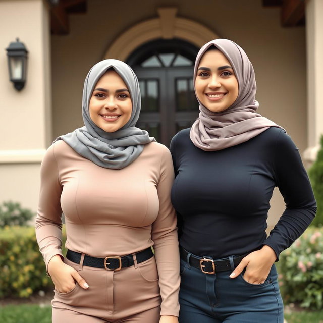 Two beautiful women in their mid-thirties wearing hijabs, featuring large and attractive breasts, size 36