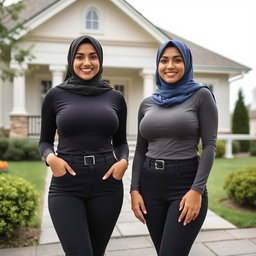 Two beautiful women in their mid-thirties wearing hijabs, featuring large and attractive breasts, size 36