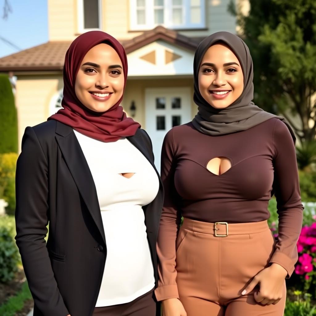 Two beautiful women in their mid-thirties wearing hijabs, featuring large and attractive breasts, size 36