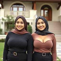 Two beautiful women in their mid-thirties wearing hijabs, featuring large and attractive breasts, size 36