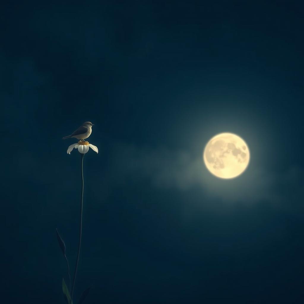 A serene night scene where the gentle light of the moon casts shapes inspired by birds and flowers, creating a deeply tranquil atmosphere enveloped in complete silence