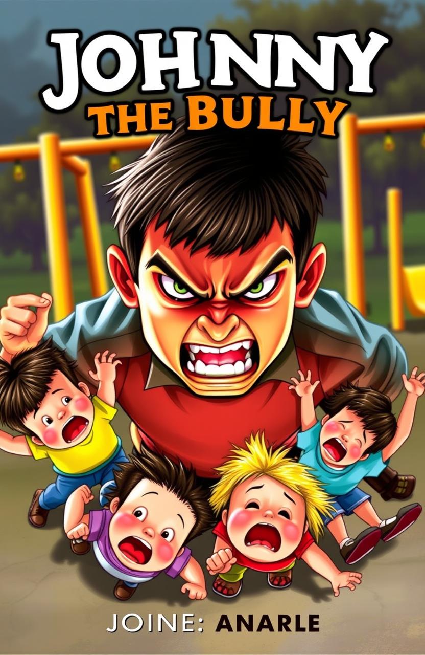 A dynamic book cover for 'Johnny the Bully' featuring a furious boy at the center, with a menacing expression, emphasizing his anger and strength