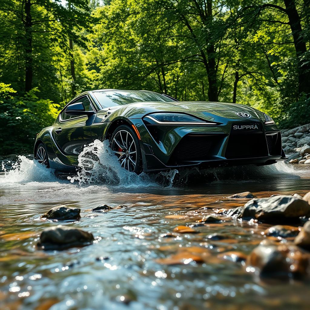 A powerful Toyota Supra navigating through a small stream of clear water, splashing gracefully as it crosses over rocks and pebbles