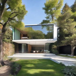 An elegant modern house showcasing contemporary architecture, glass facades, minimalist designs, and lush surroundings.