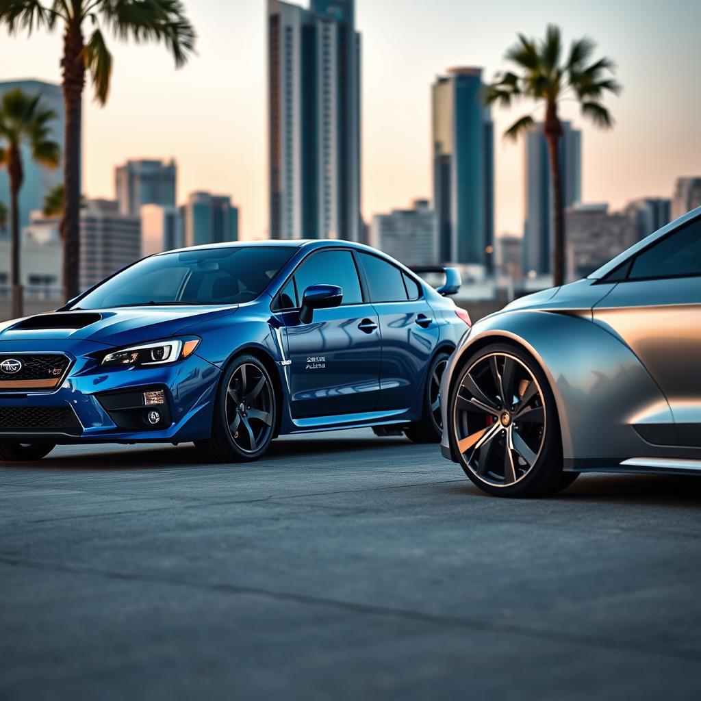 A Subaru parked next to an Audi RS5 coupe in an urban setting