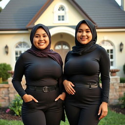 Two gorgeous women in their mid-thirties wearing hijabs, with beautiful and voluptuous breasts, size 36