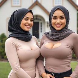 Two gorgeous women in their mid-thirties wearing hijabs, with beautiful and voluptuous breasts, size 36