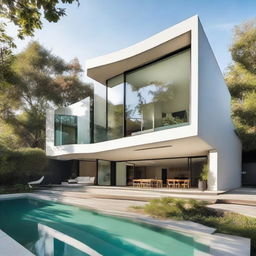 An elegant modern house showcasing contemporary architecture, glass facades, minimalist designs, and lush surroundings.