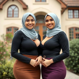 Two gorgeous women in their mid-thirties wearing hijabs, with beautiful and voluptuous breasts, size 36
