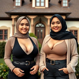 Two gorgeous women in their mid-thirties wearing hijabs, with beautiful and voluptuous breasts, size 36