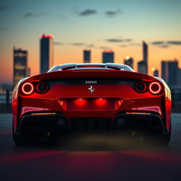 A rear view of a Ferrari F8 Tributo showcasing its sleek hyper-sportive finish, featuring a sharp and aggressive design with vibrant red paint, distinct aerodynamic lines, and a luminous rear light