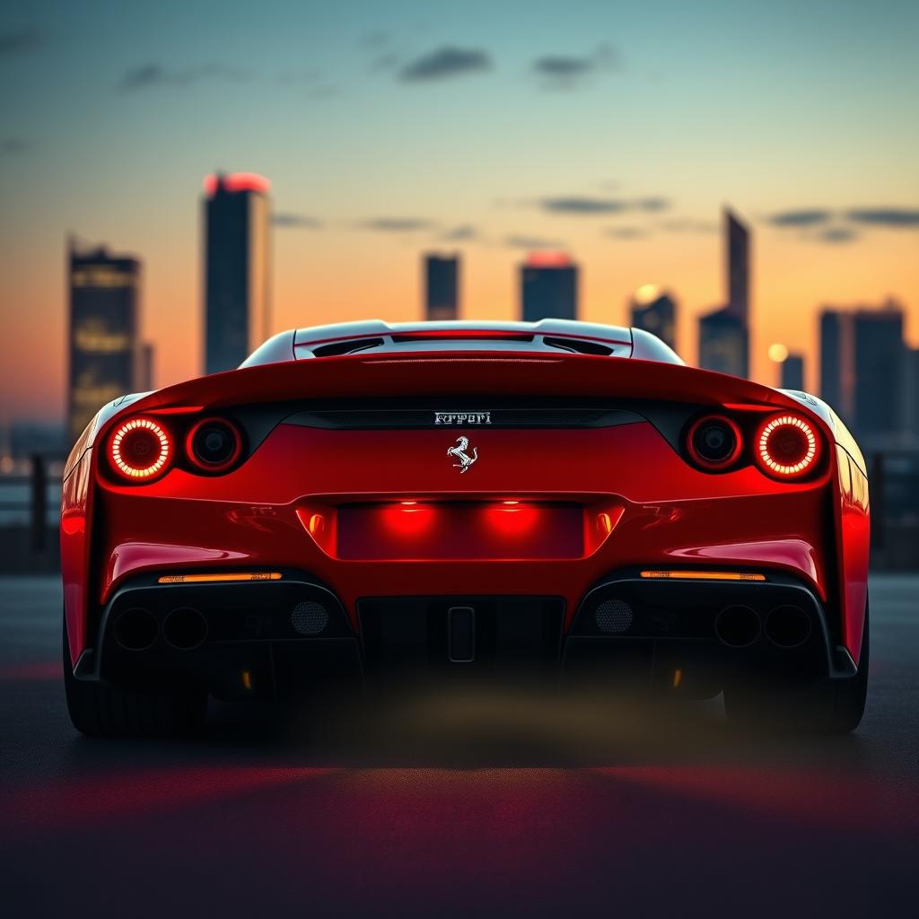 A rear view of a Ferrari F8 Tributo showcasing its sleek hyper-sportive finish, featuring a sharp and aggressive design with vibrant red paint, distinct aerodynamic lines, and a luminous rear light