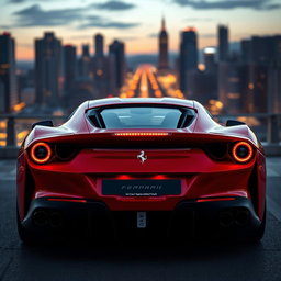 A rear view of a Ferrari F8 Tributo showcasing its sleek hyper-sportive finish, featuring a sharp and aggressive design with vibrant red paint, distinct aerodynamic lines, and a luminous rear light