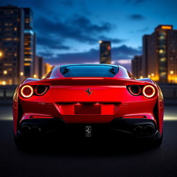 A rear view of a Ferrari F8 Tributo showcasing its sleek hyper-sportive finish, featuring a sharp and aggressive design with vibrant red paint, distinct aerodynamic lines, and a luminous rear light