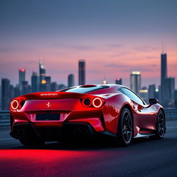 A rear view of a Ferrari F8 Tributo showcasing its sleek hyper-sportive finish, featuring a sharp and aggressive design with vibrant red paint, distinct aerodynamic lines, and a luminous rear light