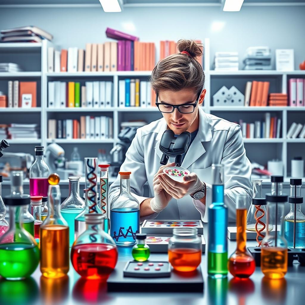 A vibrant and detailed laboratory scene that represents medicine, biochemistry, and microbiology