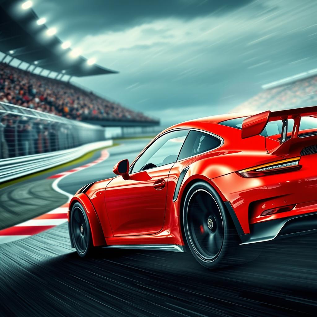 A striking scene featuring a Porsche 911 GT3 RS with an aggressive wing (aleron agresivo) in a dynamic racing environment