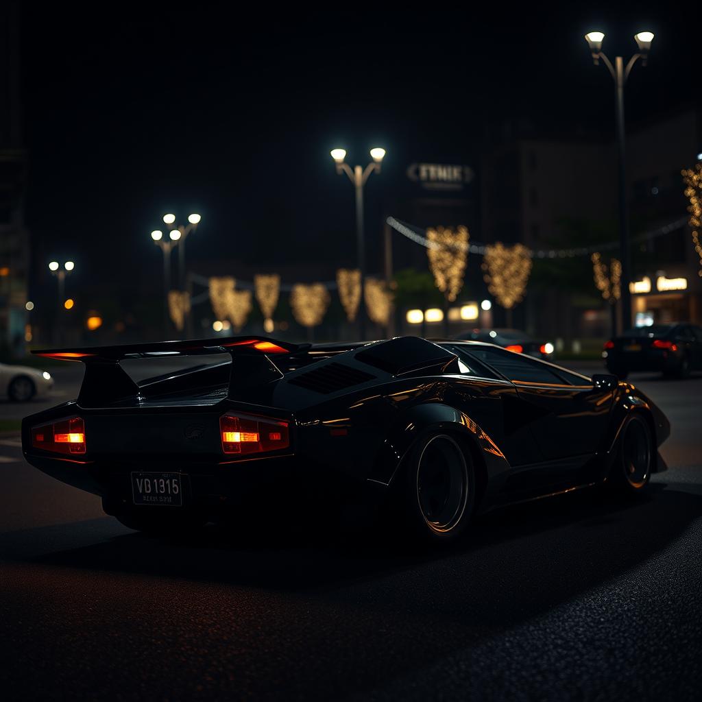 A stunning night scene of a Lamborghini Countach, showcasing both the rear and lateral views of the iconic supercar