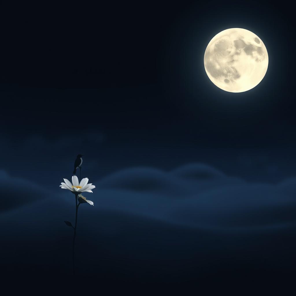 A serene night scene where the gentle light of the moon falls in shapes inspired by birds and flowers, creating an atmosphere of complete silence
