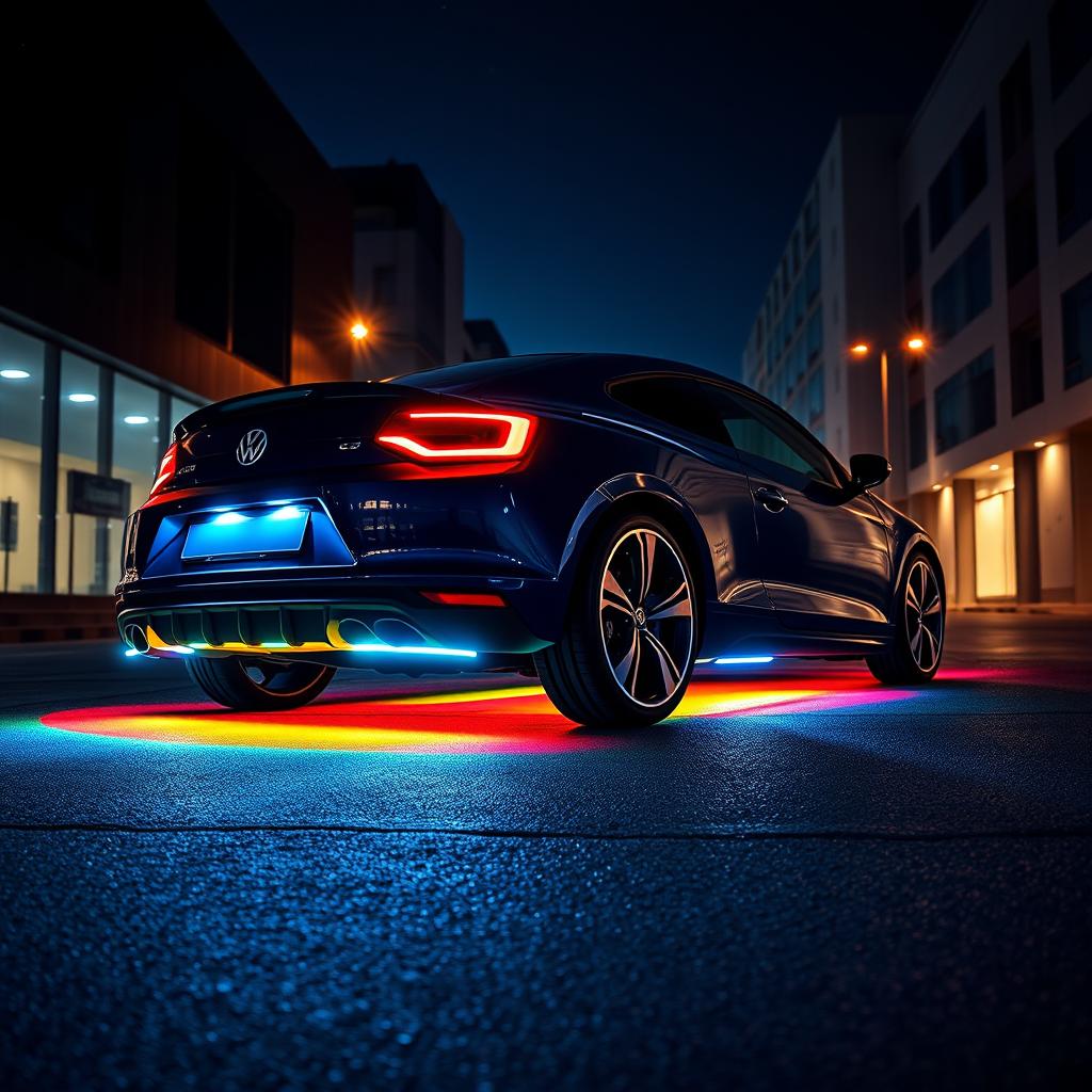 A stunning night scene of a Volkswagen Scirocco, with vibrant LED lights illuminating the underside of the car, creating an eye-catching glow