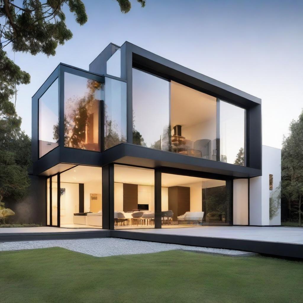 An elegant modern house showcasing contemporary architecture, glass facades, minimalist designs, and lush surroundings.