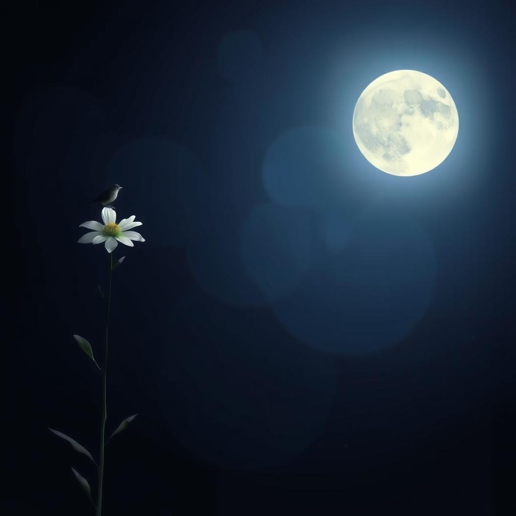 A peaceful night scene where the soft light of the moon shines in shapes reminiscent of birds and flowers, enveloping the environment in serene silence