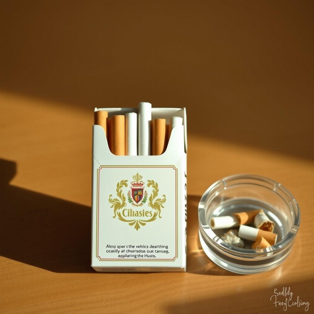 A pack of cigarettes with a classic design, partially opened to reveal the cigarettes inside