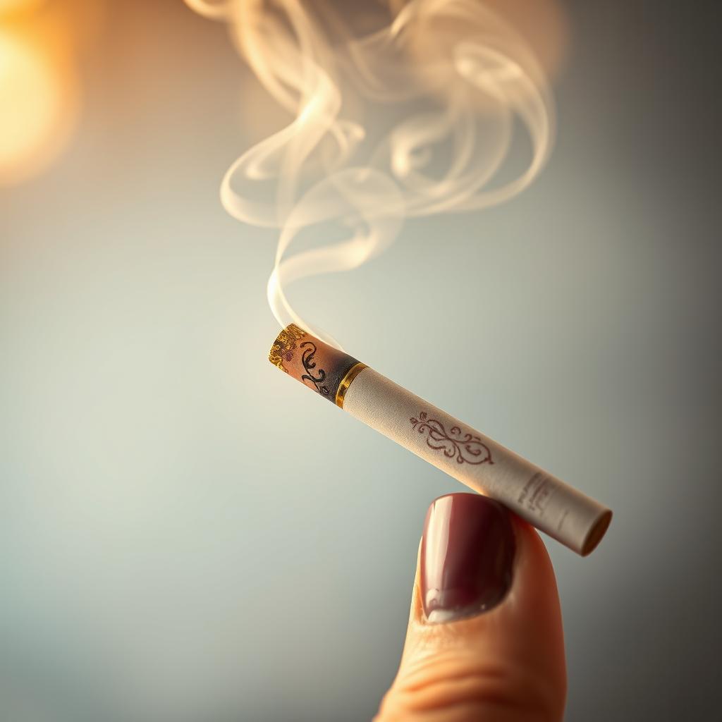 A close-up view of a beautifully crafted cigarette held delicately between two fingers, with smoke curling elegantly in the air