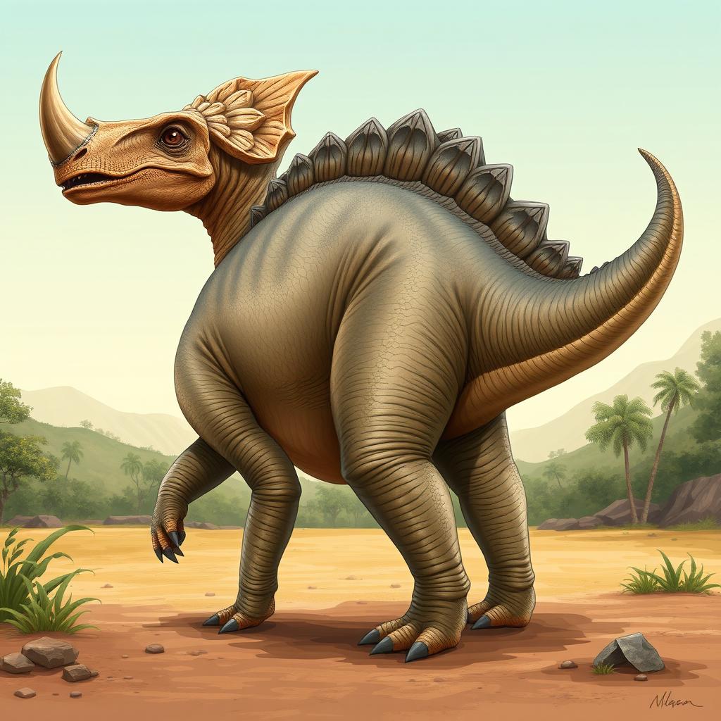 A detailed side view illustration of a Pachycephalosaurus, prominently featuring a large rhinoceros-like horn on its head