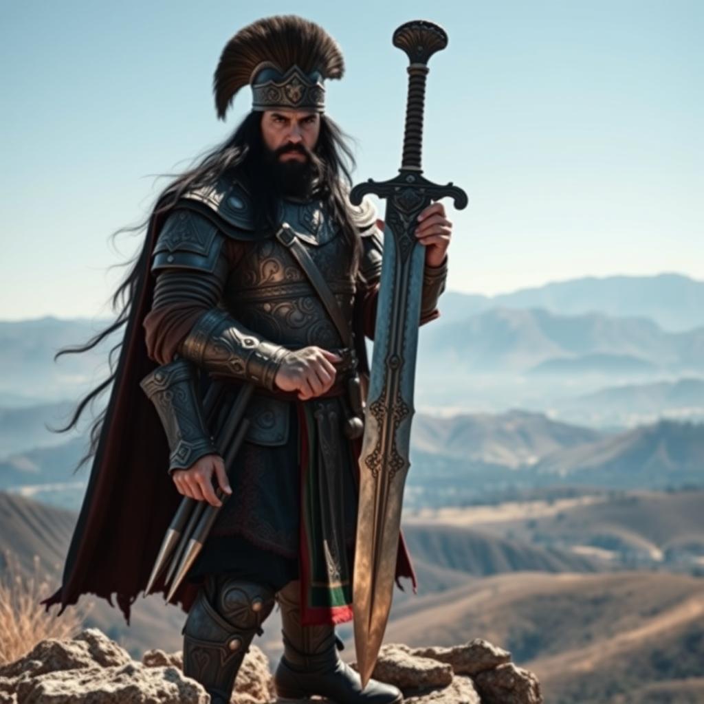 A majestic Bozok, an ancient Turkish warrior, adorned in intricate traditional armor, standing valiantly atop a rugged hill