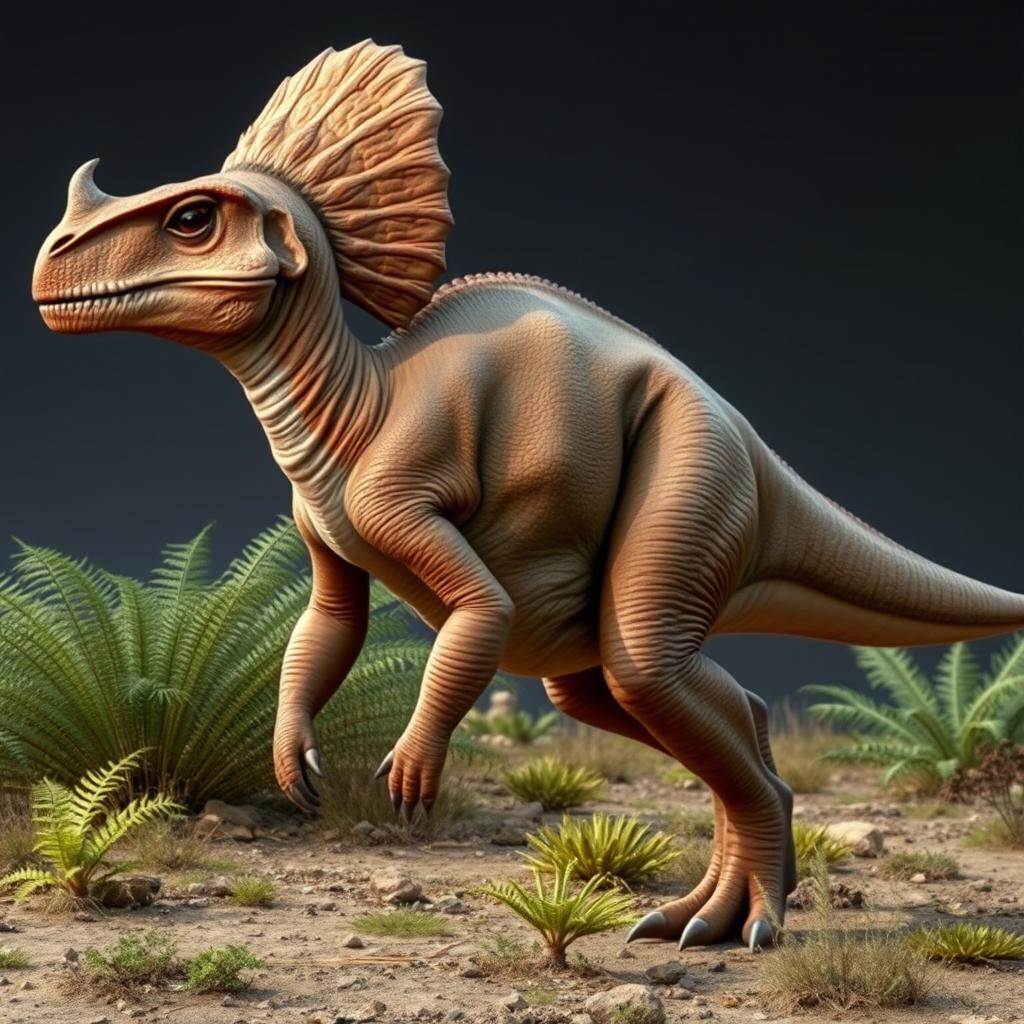 A dynamic side view of a Pachycephalosaurus standing bipedally, showcasing its distinctive dome-shaped skull with a prominent horn protruding from the center