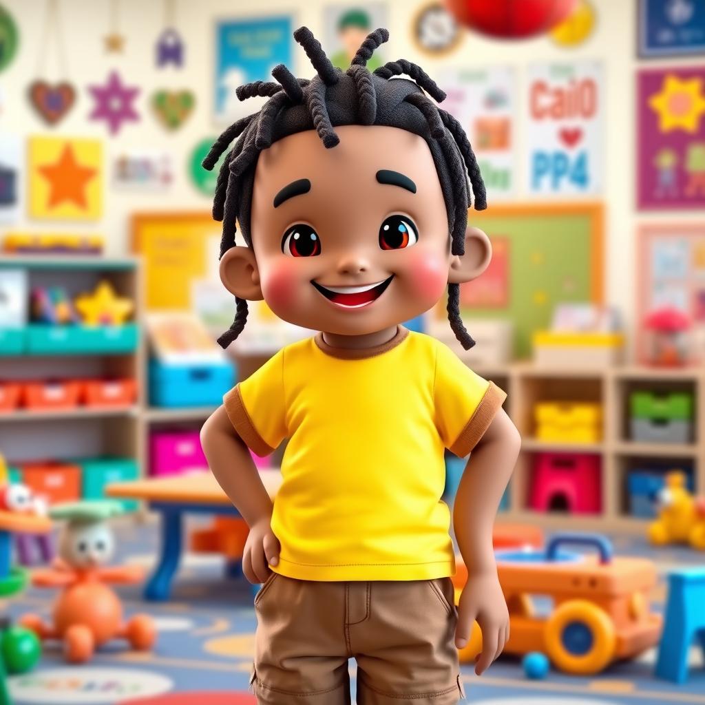 Caio, a cheerful mascot representing a student from a preschool class, wearing a bright yellow T-shirt with a brown collar and brown shorts