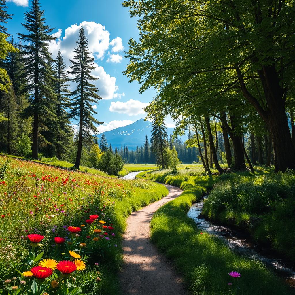 A serene and picturesque landscape depicting a journey through a lush green forest