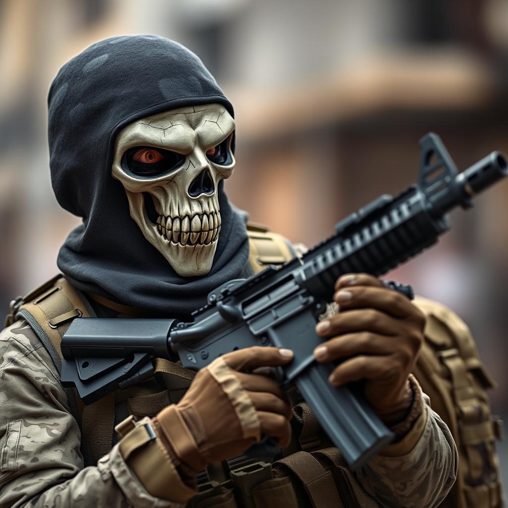 A soldier wearing a menacing skull mask, gripping an M4A1 assault rifle confidently