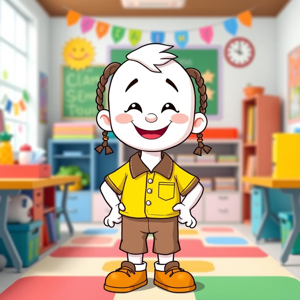 A cheerful cartoon character named Caio, representing a young student from a preschool class