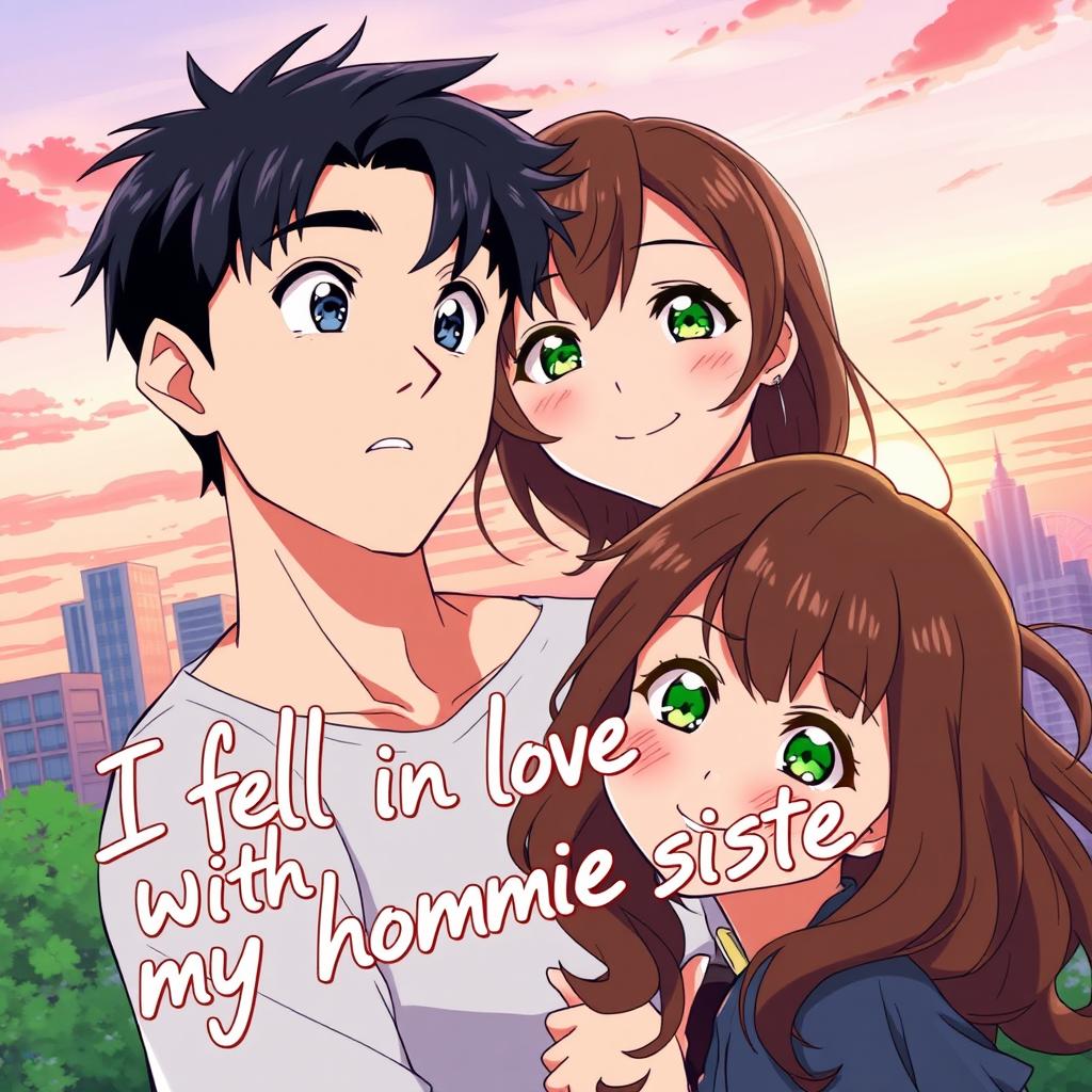 An anime poster featuring a dynamic illustration of a young man with medium-length black hair and striking blue eyes, staring dreamily at a beautiful girl with long, wavy brown hair and bright green eyes, who is smiling with a playful expression
