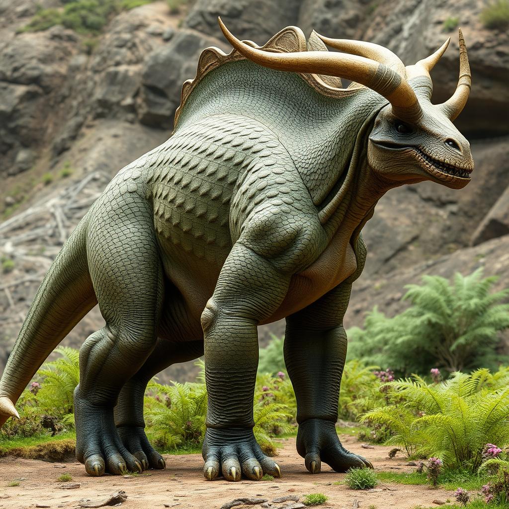 A side view of a bipedal herbivorous hybrid creature standing 4 meters tall and extending 7 meters long, showcasing its muscular and imposing frame