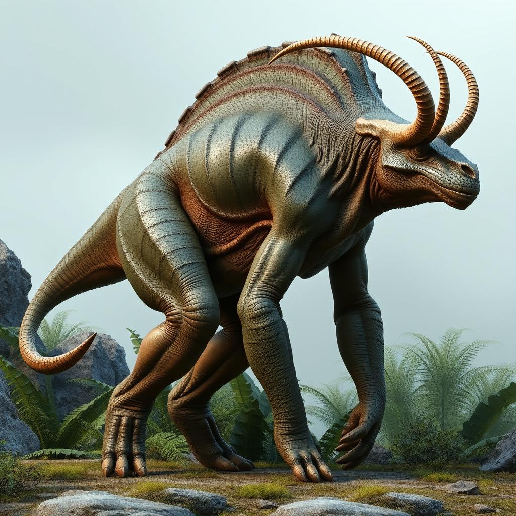 A detailed side view of a bipedal herbivorous hybrid creature standing 4 meters tall and 7 meters long
