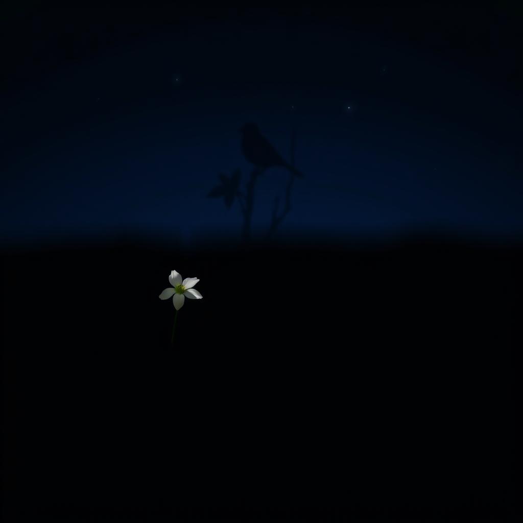 A serene night scene with a deep blue or soft black background