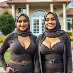Two beautiful women in their mid-thirties wearing hijabs, showcasing large and attractive breasts, size 36