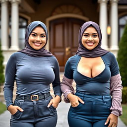 Two beautiful women in their mid-thirties wearing hijabs, showcasing large and attractive breasts, size 36