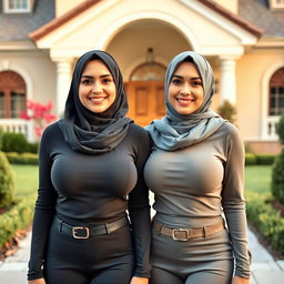 Two beautiful women in their mid-thirties wearing hijabs, showcasing large and attractive breasts, size 36