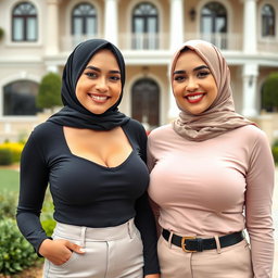 Two beautiful women in their mid-thirties wearing hijabs, showcasing large and attractive breasts, size 36