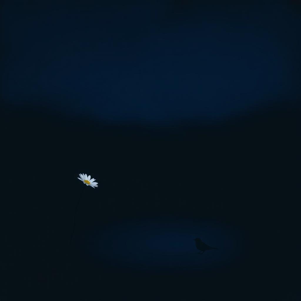 A tranquil night scene featuring a deep blue or soft black background that gradually fades towards the back