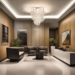 A modern, beautifully designed guest reception area with sleek furniture, aesthetically pleasing art pieces, and strategic lighting for a warm welcome.