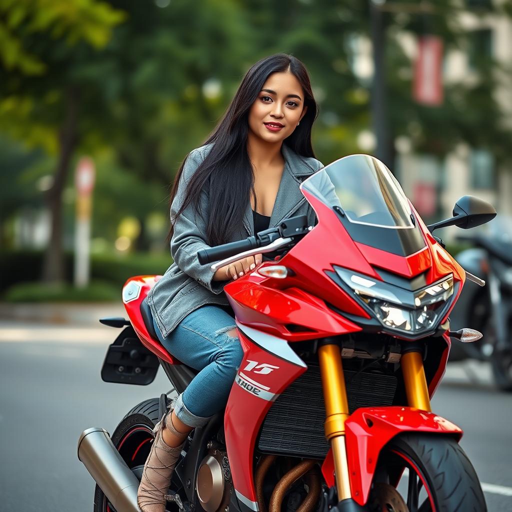 A portrait of a beautiful young Asian woman with flawless fair skin and long black hair, sitting on a red sports motorcycle on an urban street with a background of green trees
